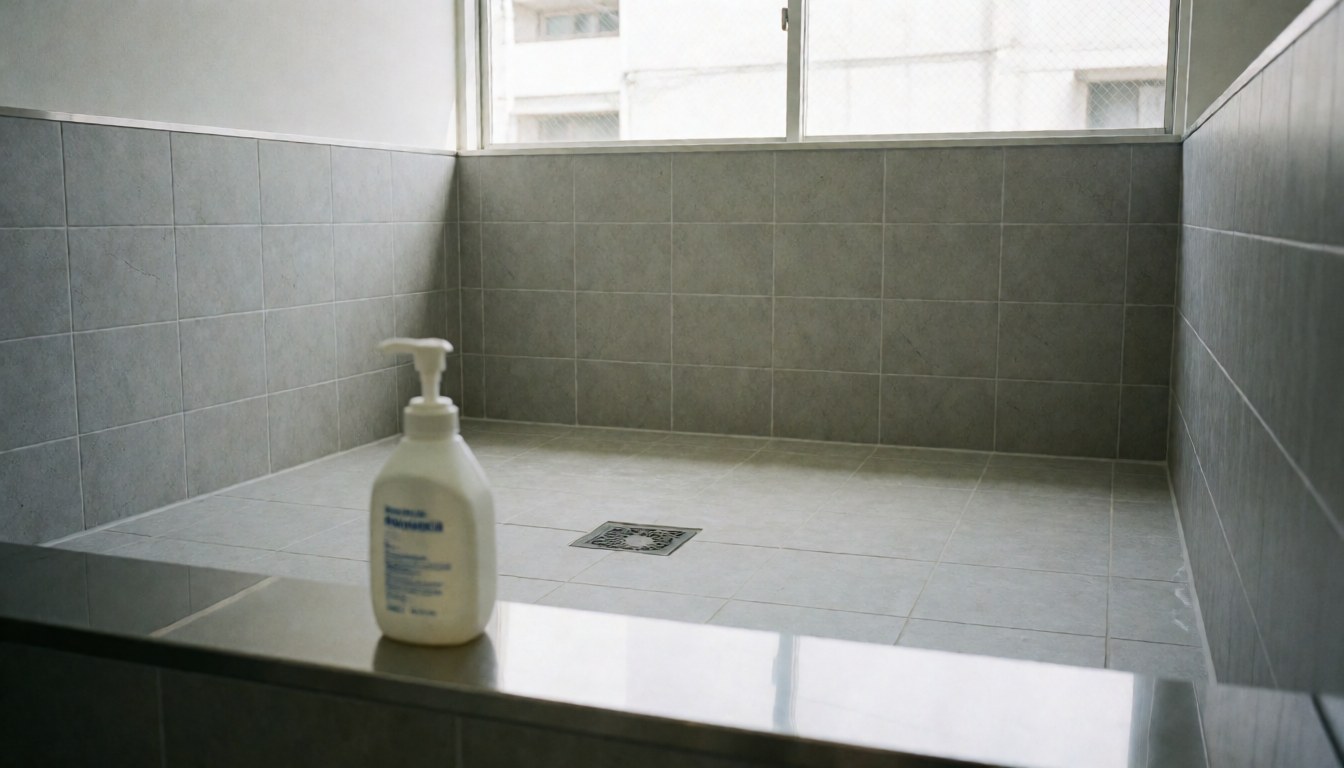 Empty vehicle wash bay with central floor drain, gray tiled walls, and a white soap bottle on a stainless steel shelf.
