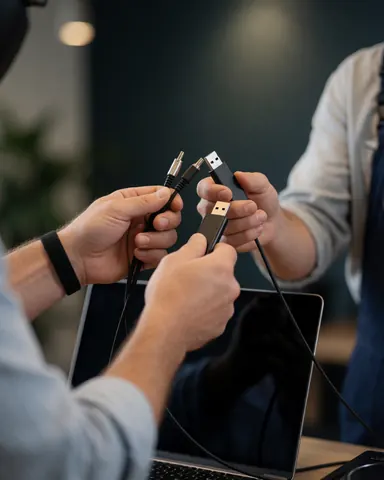 Close-up of hands exchanging audio cables and a USB drive during a party service setup with laptop and audio equipment