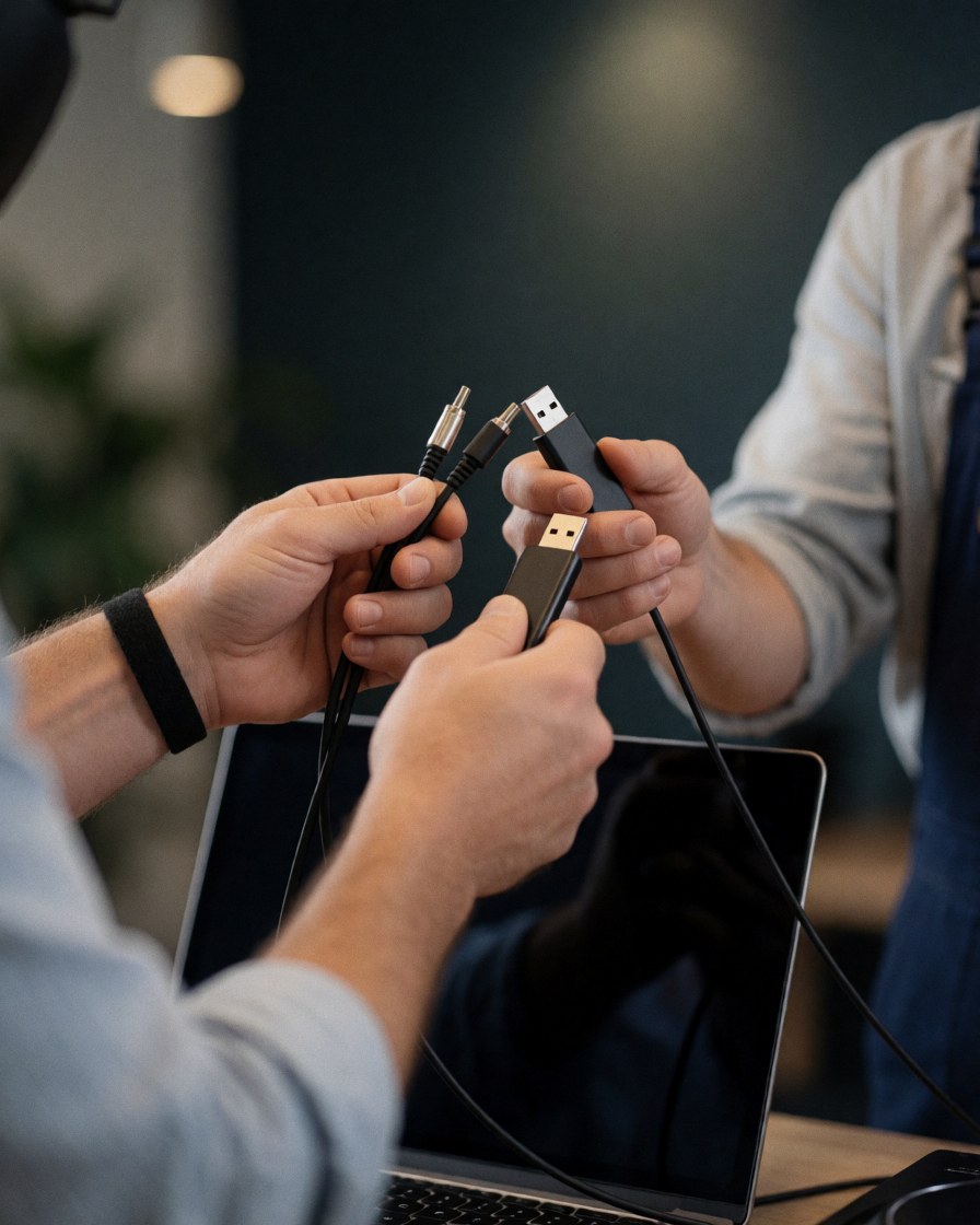 Close-up of hands exchanging audio cables and a USB drive during a party service setup with laptop and audio equipment