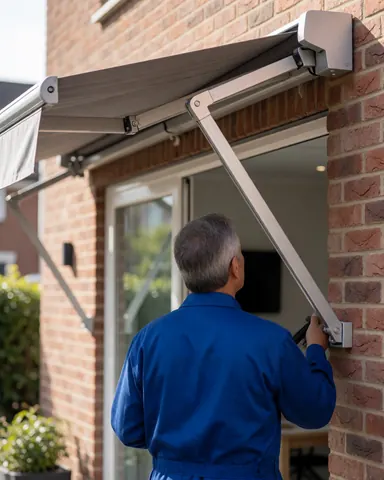 Technician in a blue uniform adjusting the mechanism of a metal retractable awning mounted on a brick wall during a service installation.