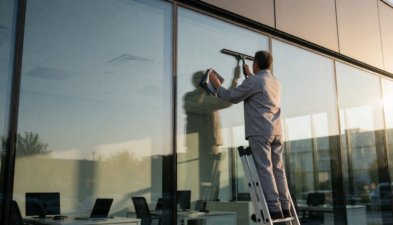 Professional worker cleans modern office windows using a squeegee and microfiber cloth, reflecting an orderly interior with golden sunset light.