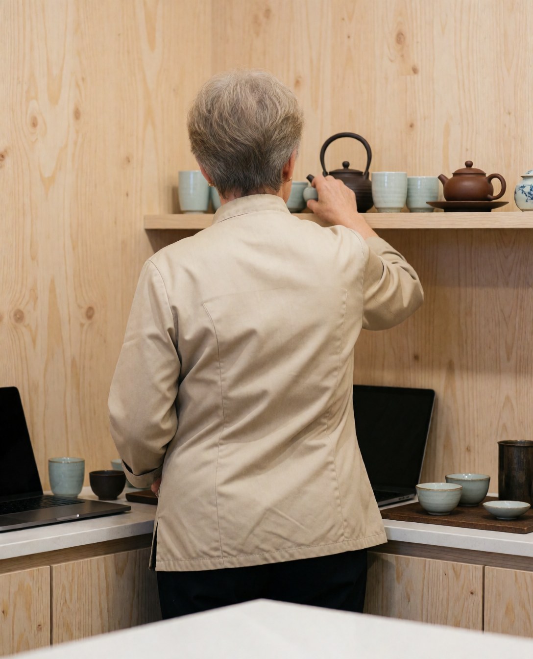 Shiatsu practitioner arranging a teapot and ceramic tea cups in a room with light wood walls, viewed from behind.
