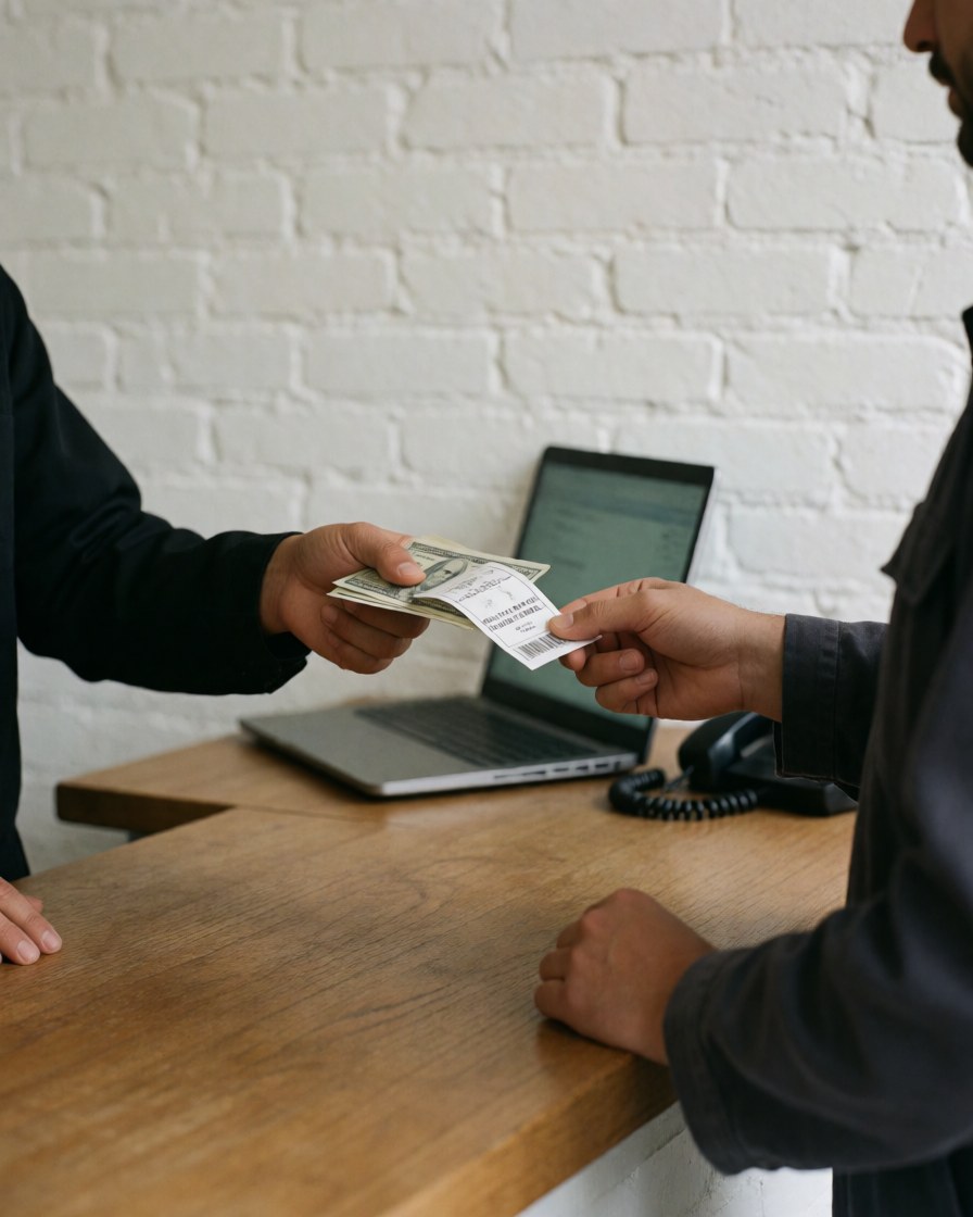 Close-up of hands exchanging cash and a theater ticket at a box office window with a white brick wall background.