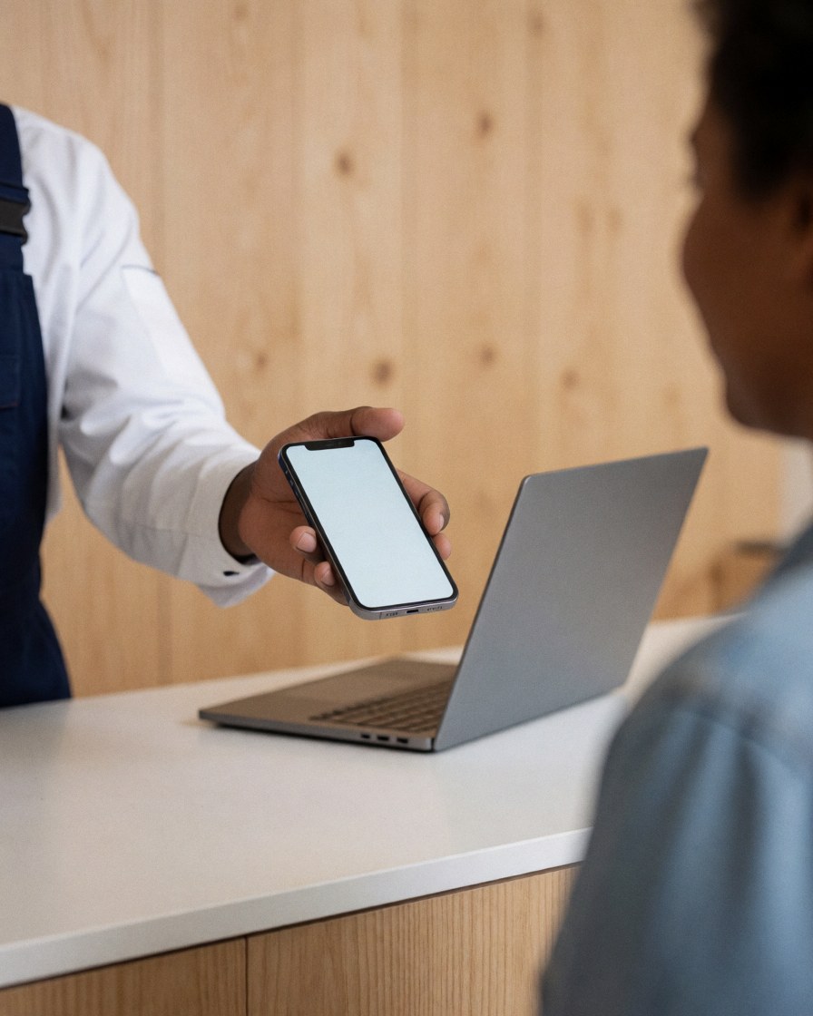 Technician hands a repaired mobile phone to a customer in a modern shop with a wooden wall and a laptop on the table.