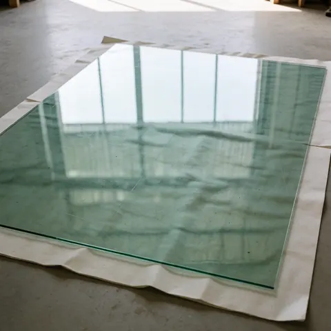 Green tinted transparent glass sheet resting on concrete floor reflecting high windows ideal for greenhouse glazing