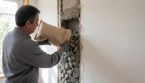 Worker installing volcanic rock insulation into a wall cavity for thermal efficiency