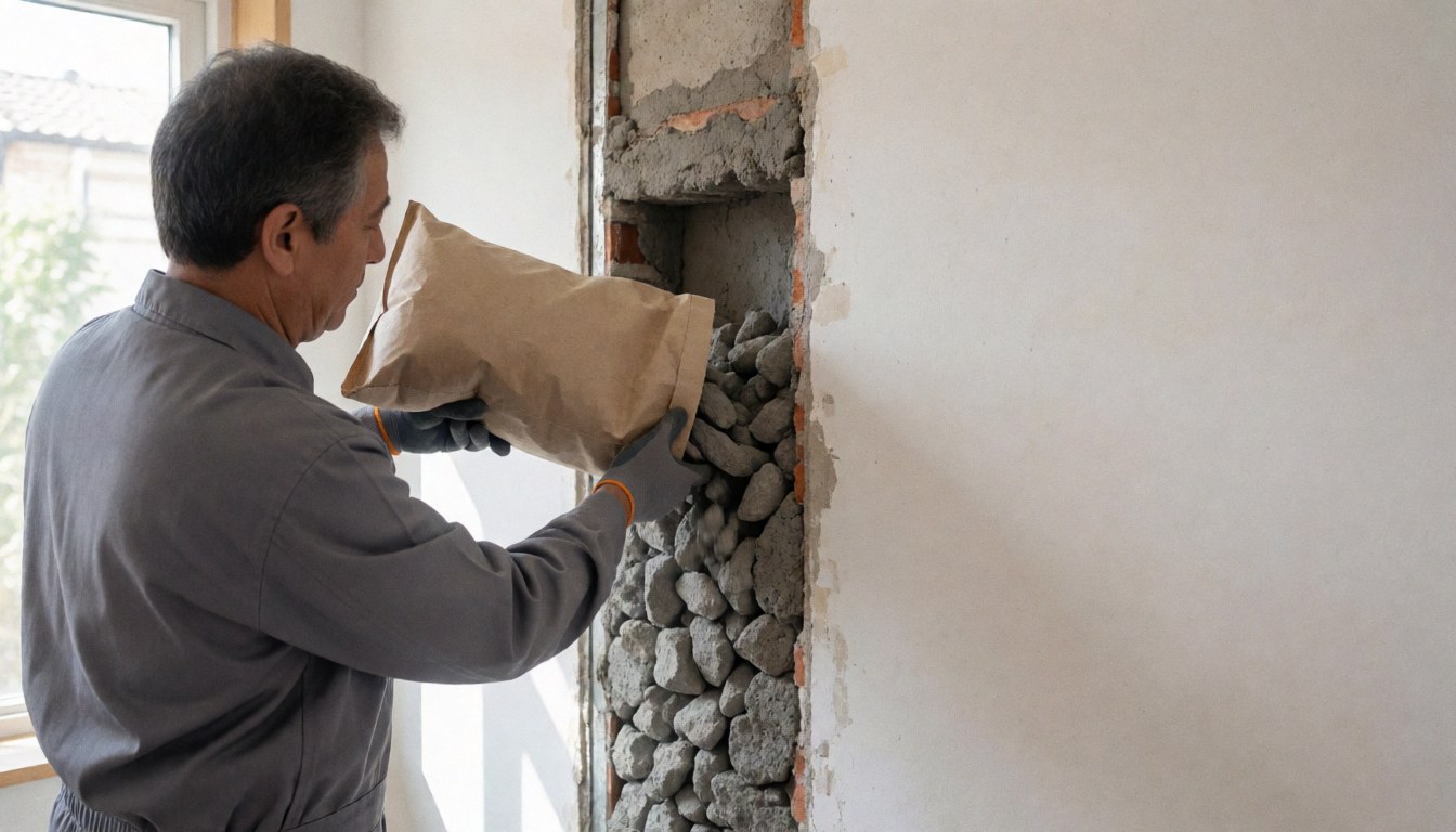 Worker installing volcanic rock insulation into a wall cavity for thermal efficiency