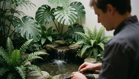 Person tending to plants in a serene indoor garden featuring monstera and flowing water, creating a calm atmosphere for ayurvedic massage therapy.