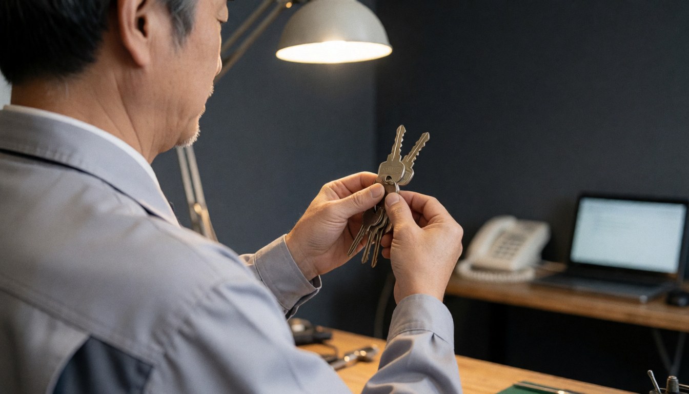 A locksmith examines a set of high security keys under a work light in a workshop with gray walls and visible tools.