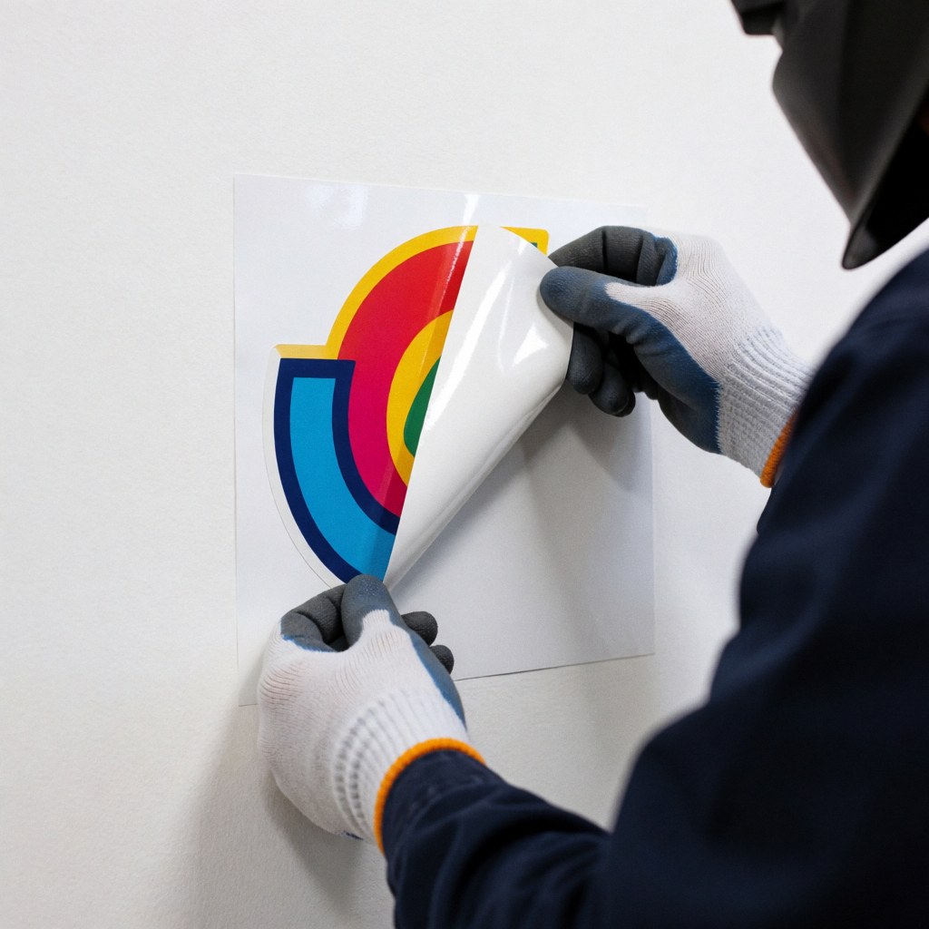 Hands wearing gloves apply a colorful graphic vinyl design onto a clean white wall surface for print shop services