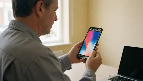 Technician holding a disassembled phone with a new powered-on screen, natural light and beige wall background for mobile repair service