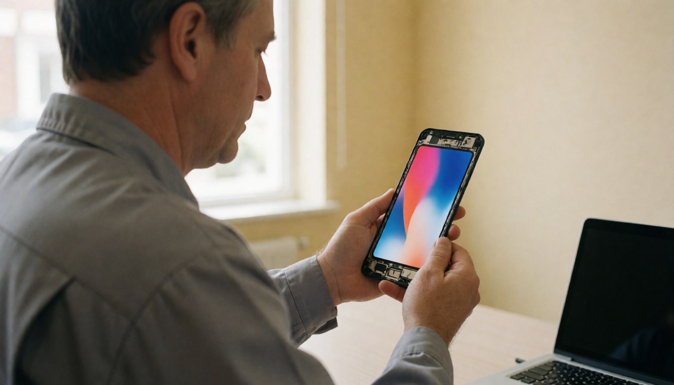 Technician holding a disassembled phone with a new powered-on screen, natural light and beige wall background for mobile repair service