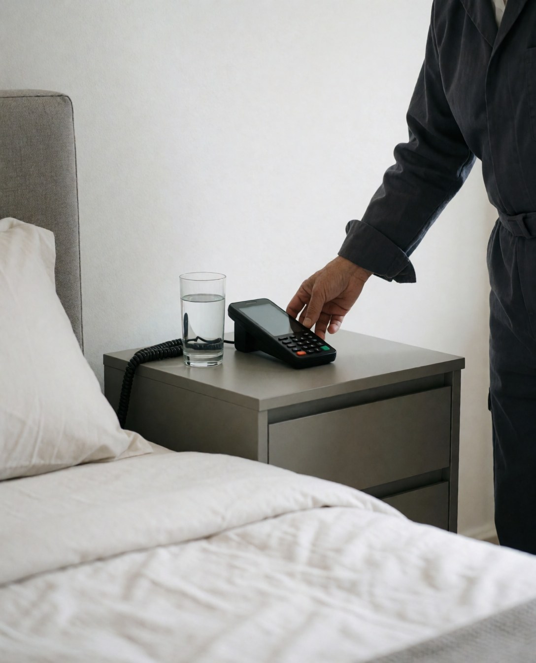 A guest room nightstand features a telephone and a glass of water, highlighting the convenient payment service available for travelers.