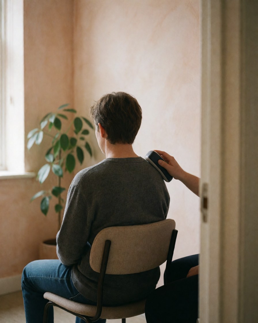 Client receiving shoulder treatment with a device in a clinic setting with terracotta walls and a plant in the corner