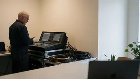 A technician sets up a professional lighting console on a stage with warm white walls, ready for an event.