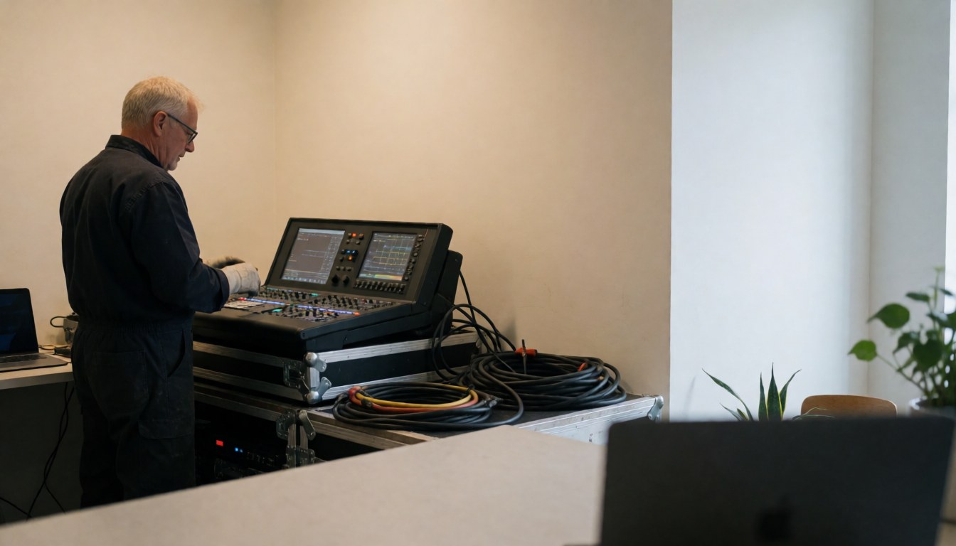 A technician sets up a professional lighting console on a stage with warm white walls, ready for an event.