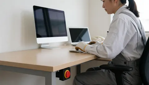Technician in uniform working at a desk with a red emergency button, computer, and natural light for alarm repair services