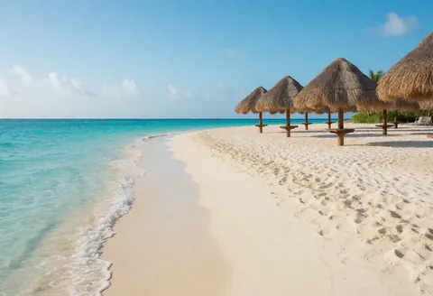 White sand beach with thatched palapas under a clear blue sky, ideal for a resort setting