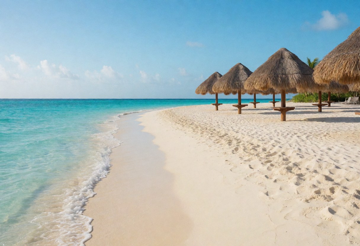 White sand beach with thatched palapas under a clear blue sky, ideal for a resort setting