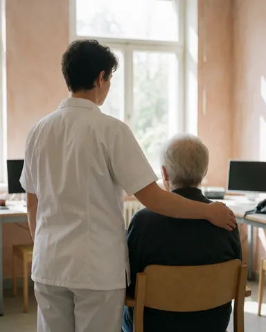 A therapist in a white uniform massages an elderly client seated in a chair within a room featuring terracotta walls and a window.