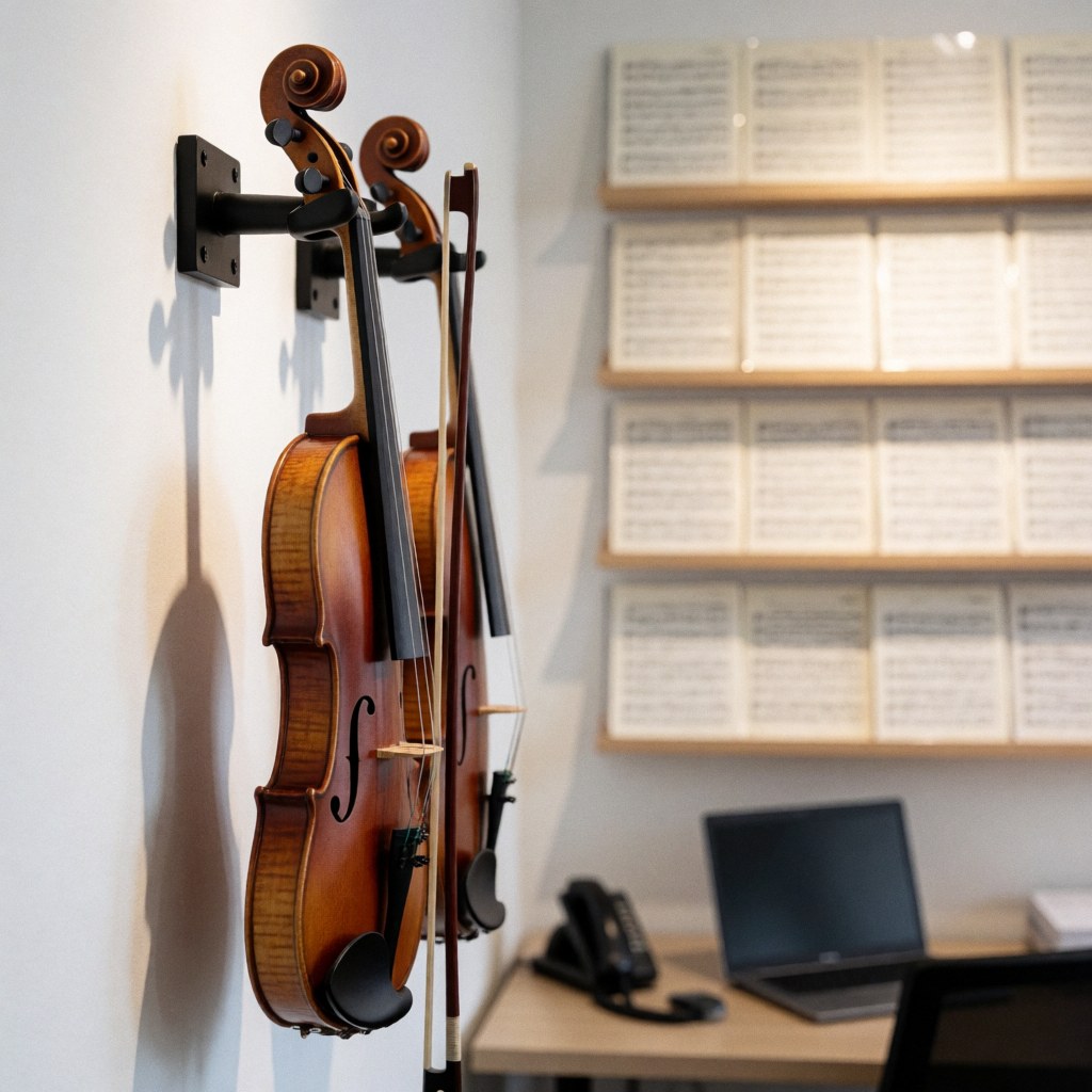 A wooden violin mounted on a wall stand with sheet music on shelves in the background at a music academy with soft lighting