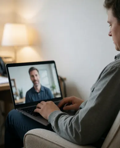 Student sitting in a comfortable chair using a laptop for an online spanish lesson with a teacher visible on screen in a warmly lit home office
