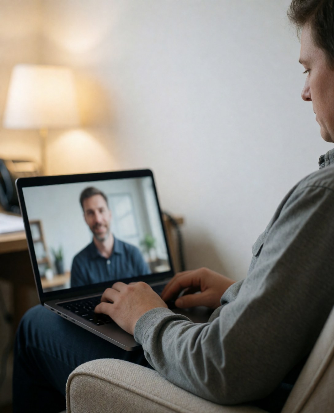 Student sitting in a comfortable chair using a laptop for an online spanish lesson with a teacher visible on screen in a warmly lit home office