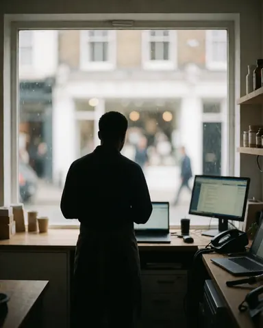 A person standing with their back to the camera, looking out a clean office window at the street below, with a computer and phone visible on the desk.