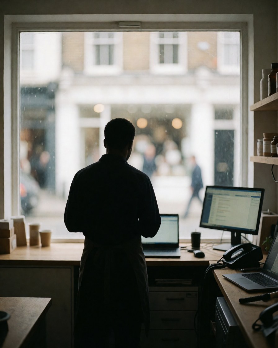 A person standing with their back to the camera, looking out a clean office window at the street below, with a computer and phone visible on the desk.