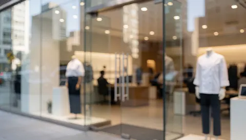 Clean glass storefront background featuring mannequins, building reflections, and warm interior lighting suitable for text overlay.