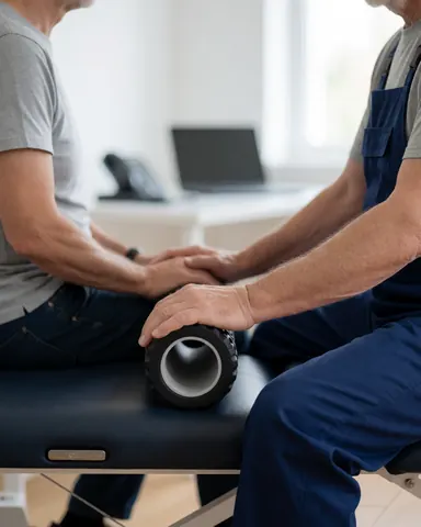 Cycling coach assisting a client with foam rolling on a therapy table