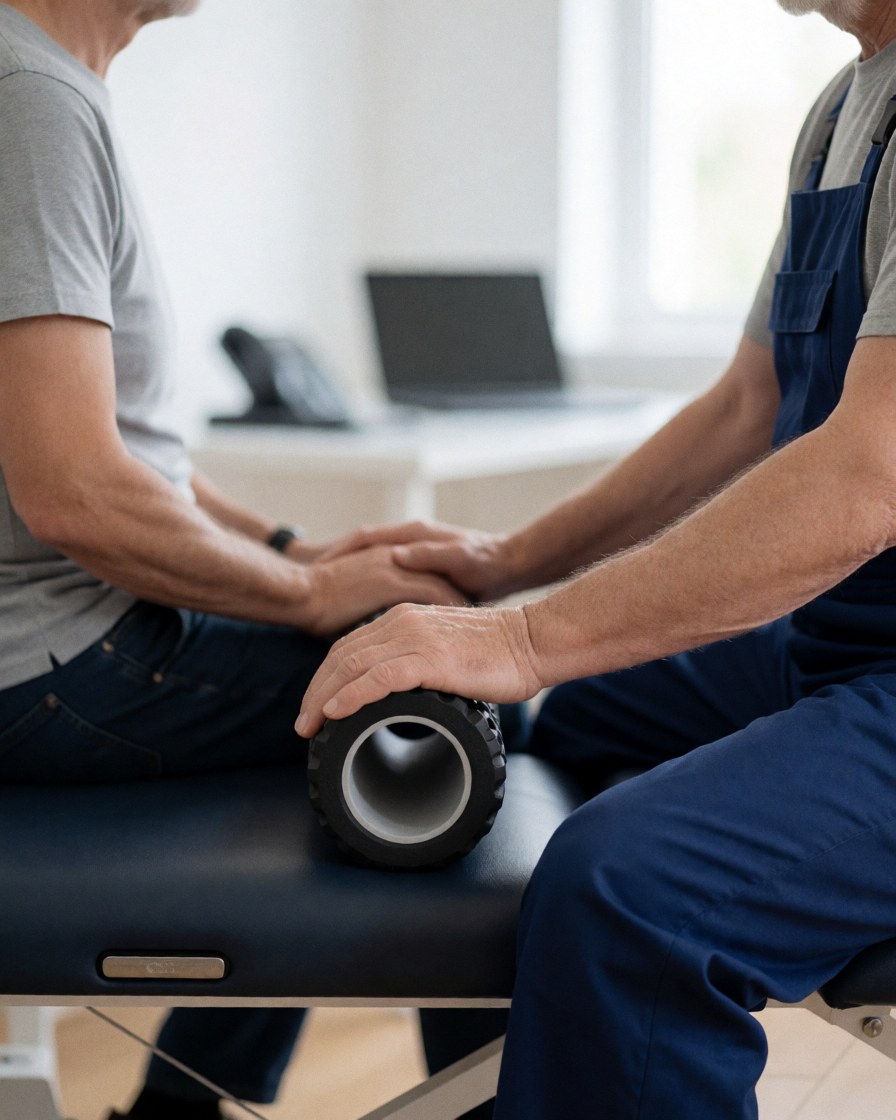 Cycling coach assisting a client with foam rolling on a therapy table
