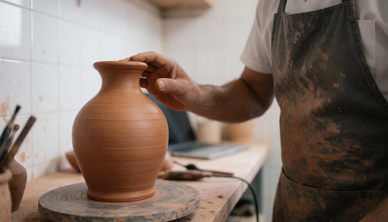 Hands shaping a clay vase on a pottery wheel in a workshop with white tiled walls