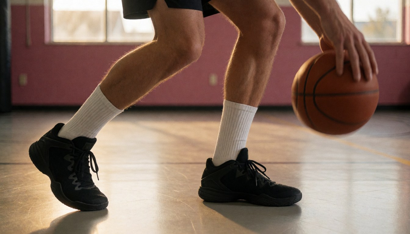 Basketball player in action with ball on a court with pink walls, ideal for a basketball instructor website cover.