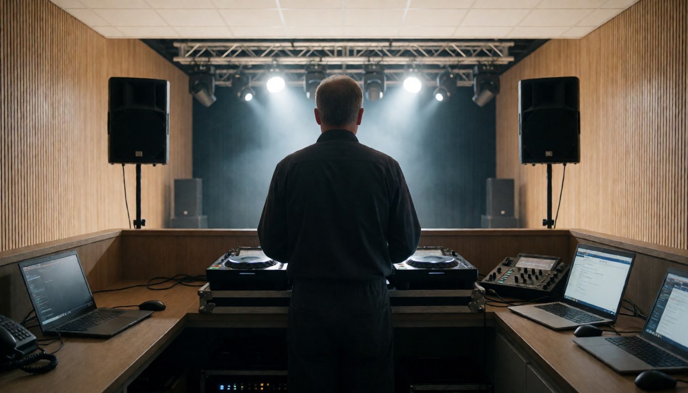 Professional party DJ at the mixing station with stage lights and speakers, ideal for a website cover