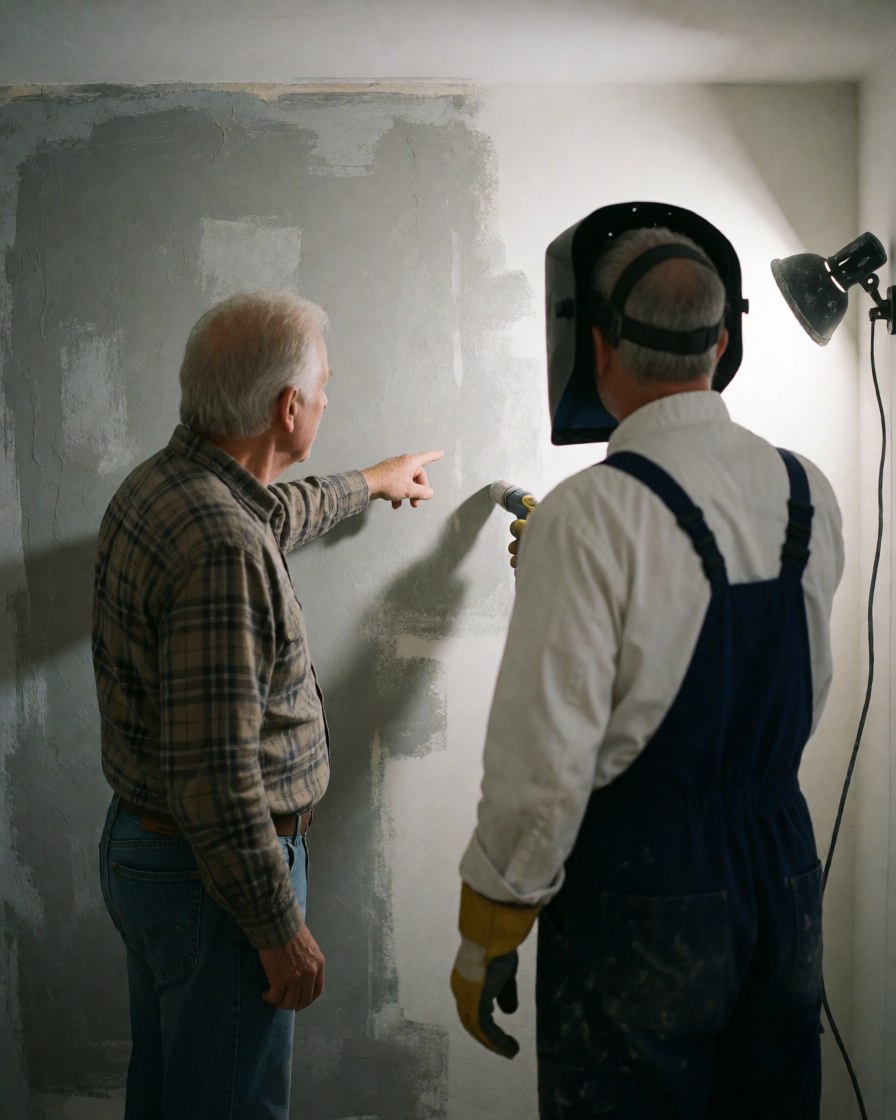 A client points to a section of a wall while a worker applies waterproofing material with a spray gun under work lighting.