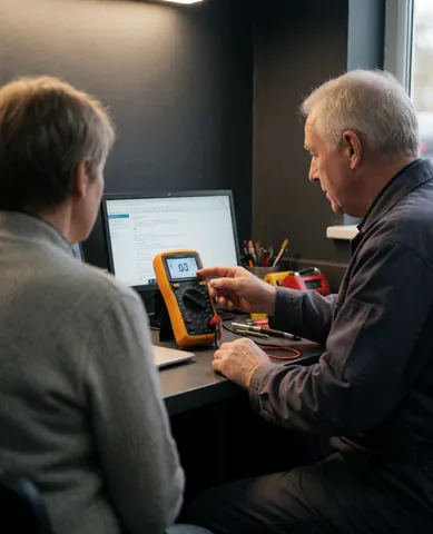 Technician displays multimeter reading to a customer during appliance repair service in a workshop with gray walls and warm lighting