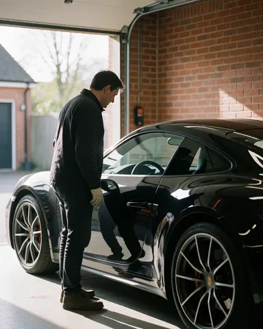 A man inspects his black sports car in a garage with brick walls and natural light