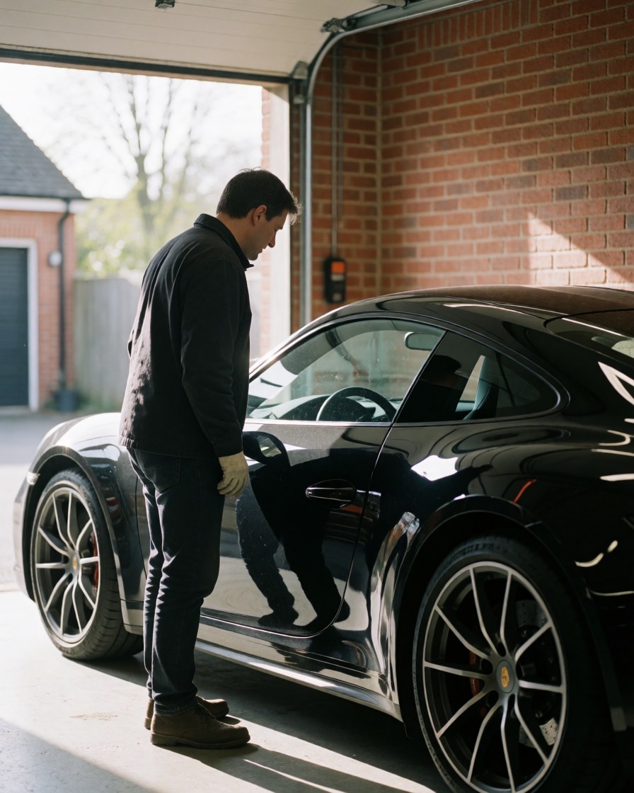 A man inspects his black sports car in a garage with brick walls and natural light