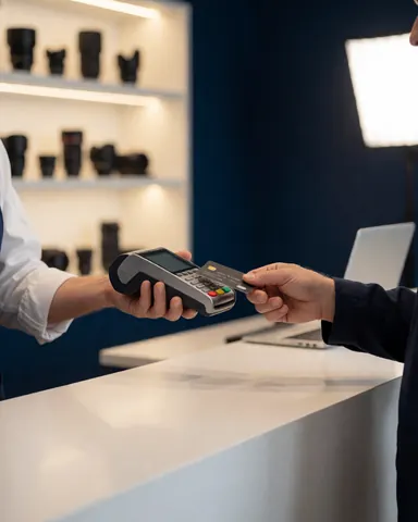 Close-up of a hand inserting a credit card into a payment terminal, with eyeglasses and a dark blue wall visible in the background.