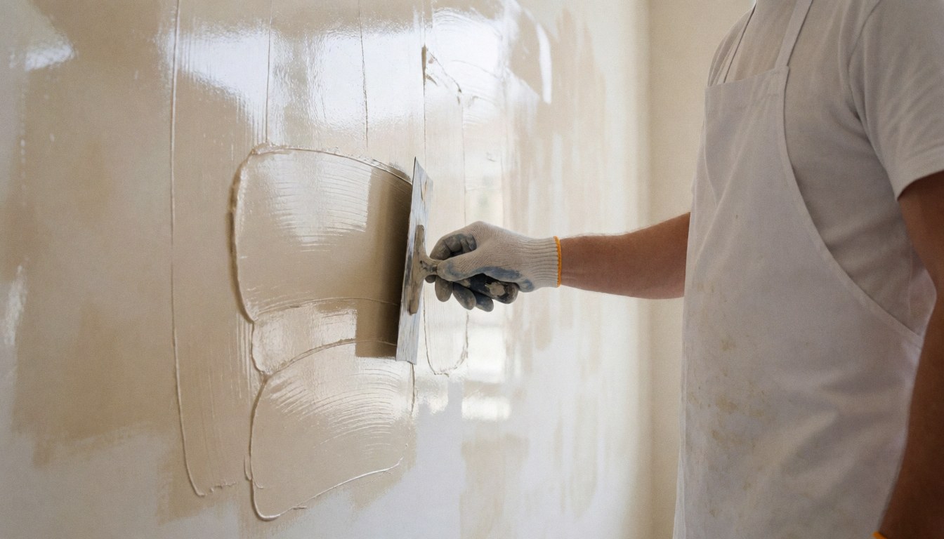 Painter applying Venetian stucco with trowel on white wall, wearing gloves and apron, glossy finish