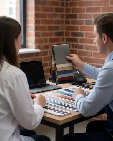 A consultant presents fabric and color samples to a client during a textile printing consultation