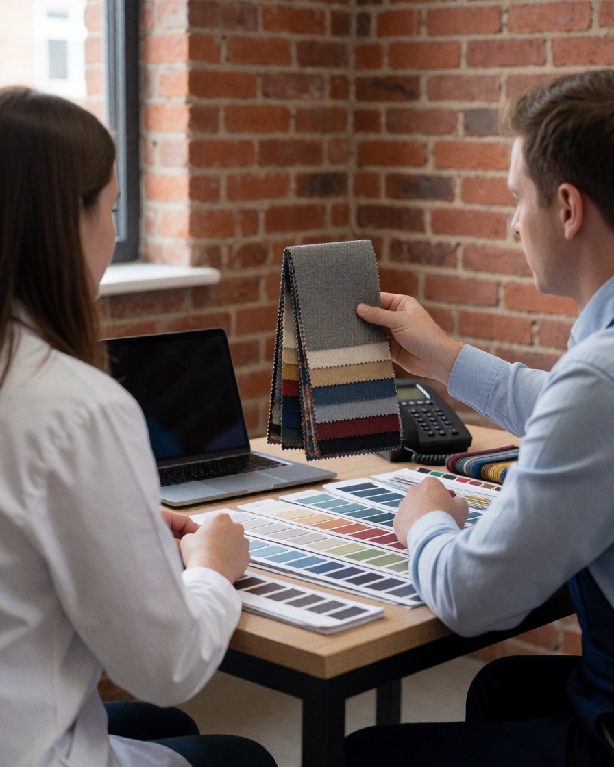 A consultant presents fabric and color samples to a client during a textile printing consultation