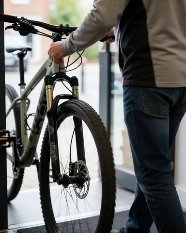 A smiling customer pushes a mountain bike toward the entrance of a bike repair shop with the front wheel in focus and a bright interior background.