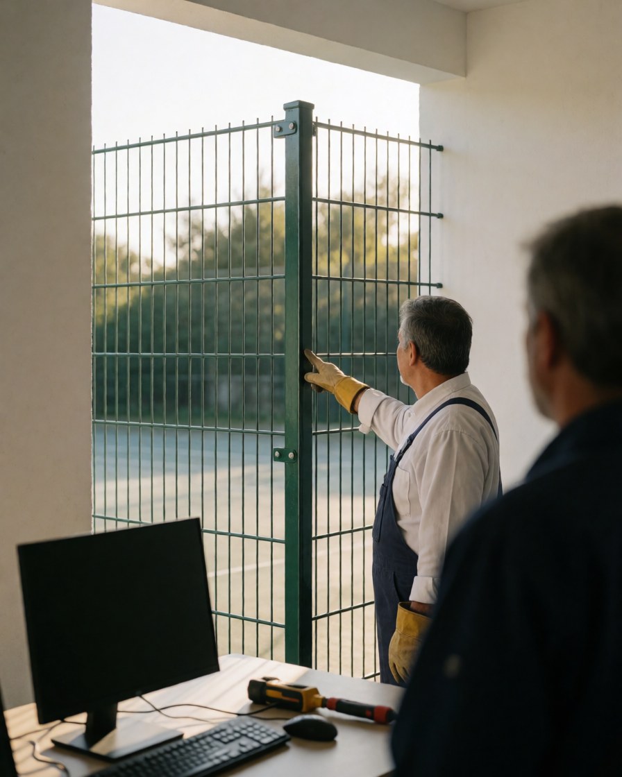 Worker installing a green fence post on a tennis court while a client observes nearby during sunset