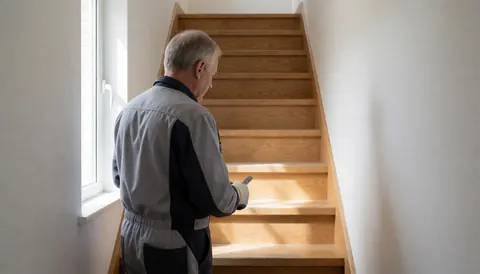 A technician in a professional uniform examines a wooden staircase in a room with white walls and natural light.
