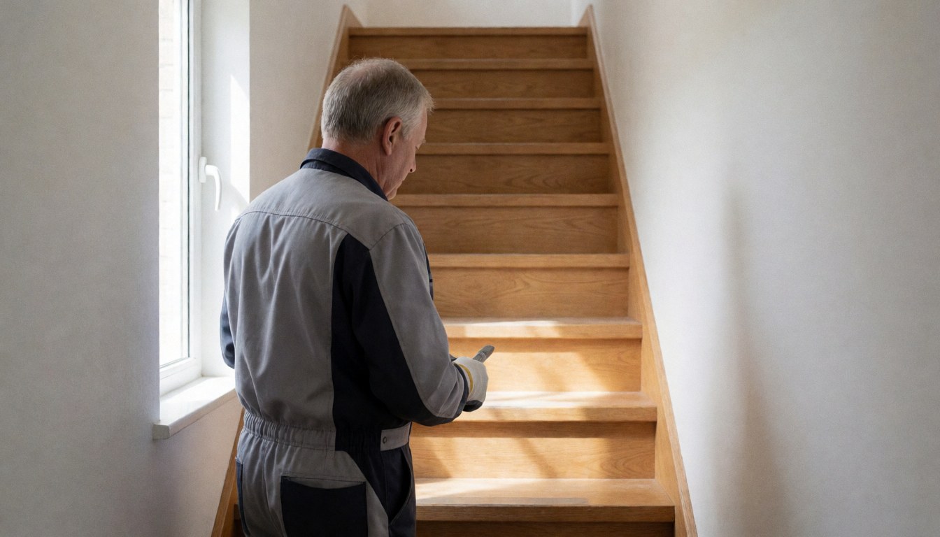 A technician in a professional uniform examines a wooden staircase in a room with white walls and natural light.