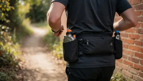 Runner wearing a black hydration belt on a dirt path with a red brick wall nearby