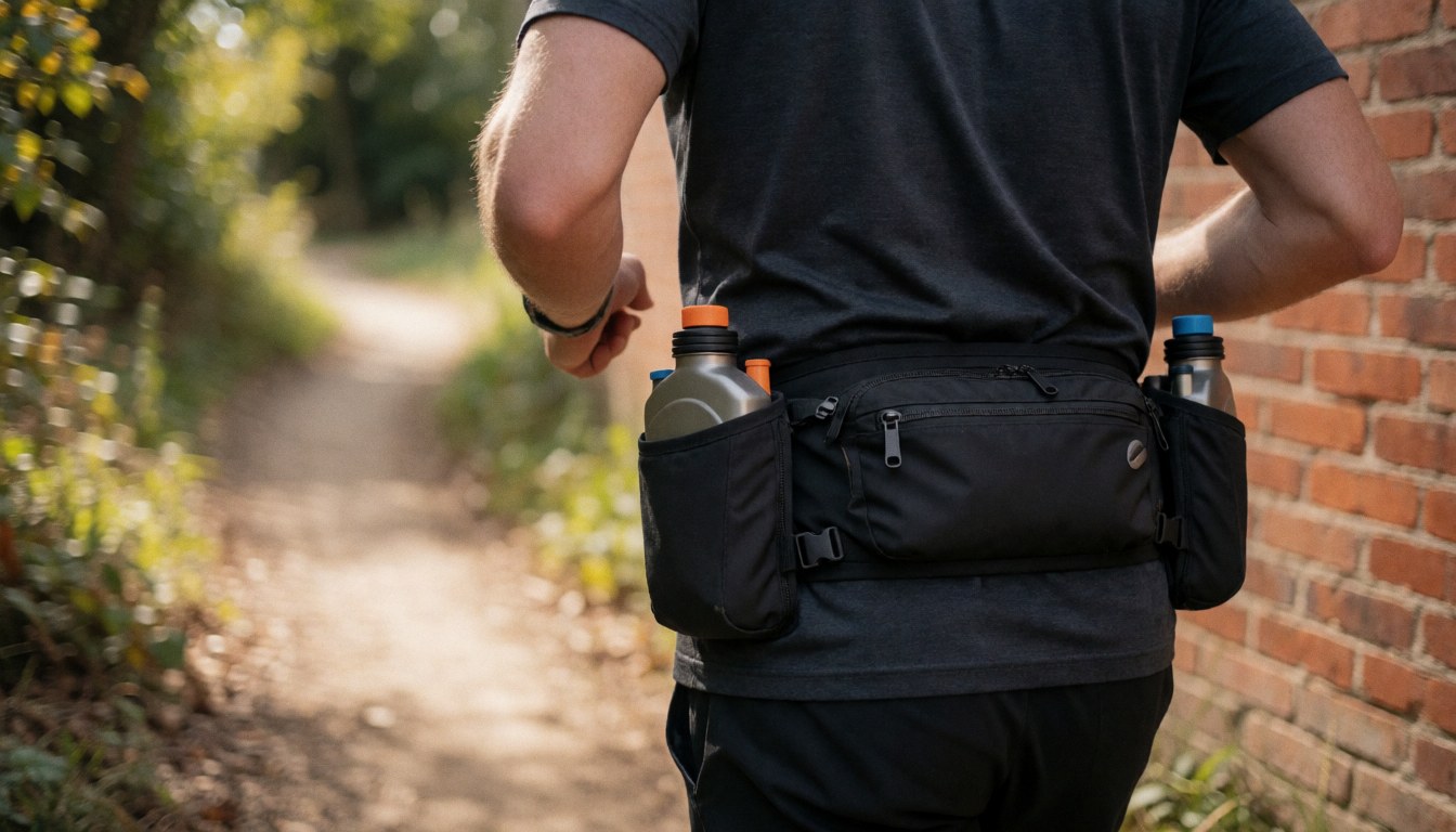 Runner wearing a black hydration belt on a dirt path with a red brick wall nearby