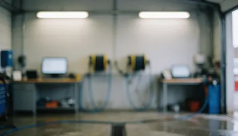 Blurred industrial car wash area with lights, hoses, and reflections on the wet floor, ideal for text.